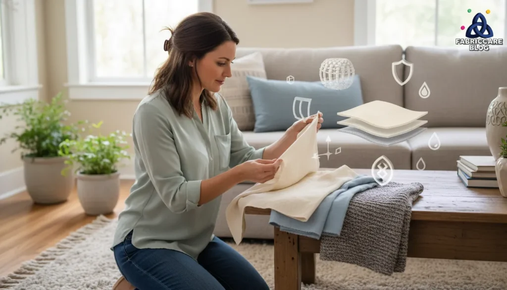 Woman folding light-colored fabrics in a bedroom, demonstrating careful fabric handling at home.