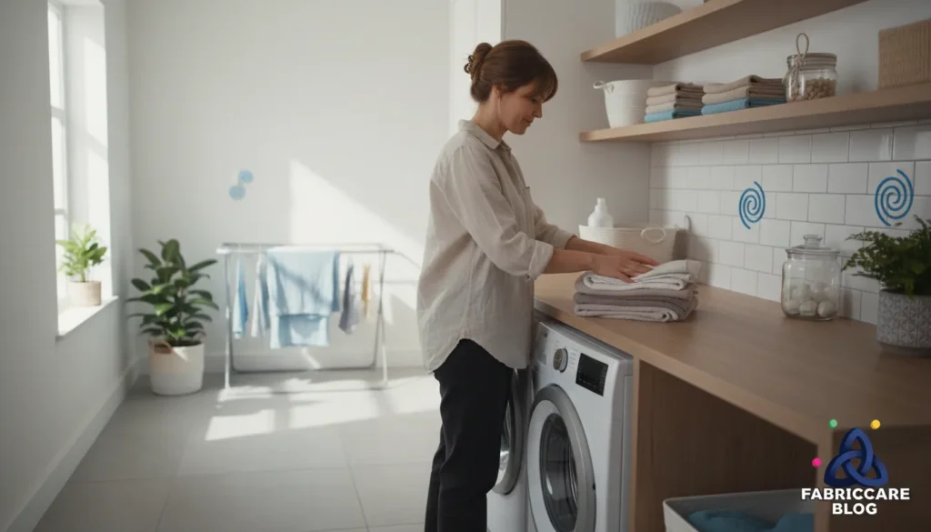 Woman placing clothes into a washing machine in a bright home laundry space