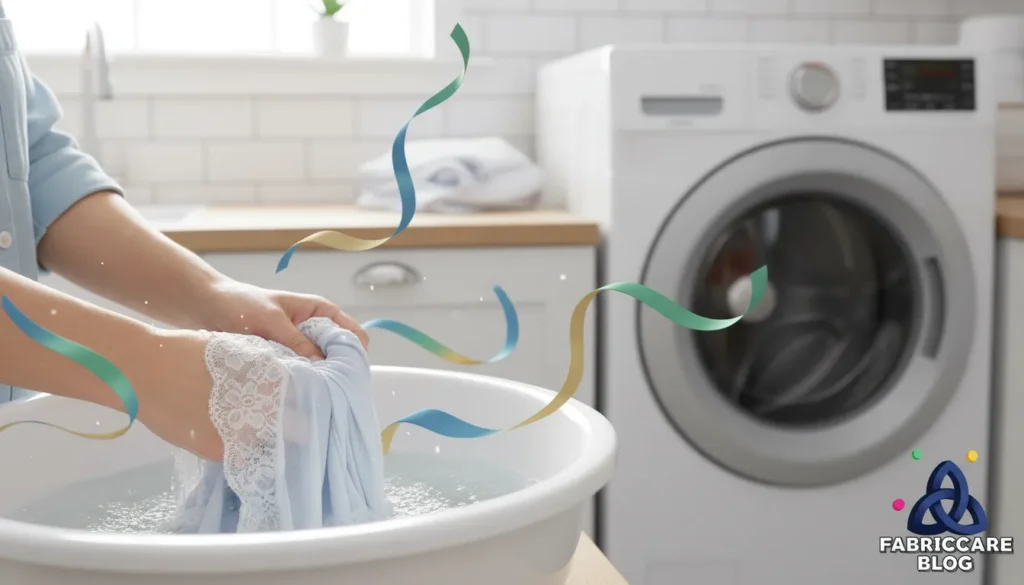 Laundry detergent container placed near a washing machine during laundry preparation