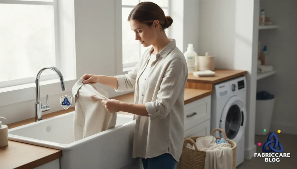 Woman treating a stained shirt at a laundry sink using a careful fabric-safe stain removal method