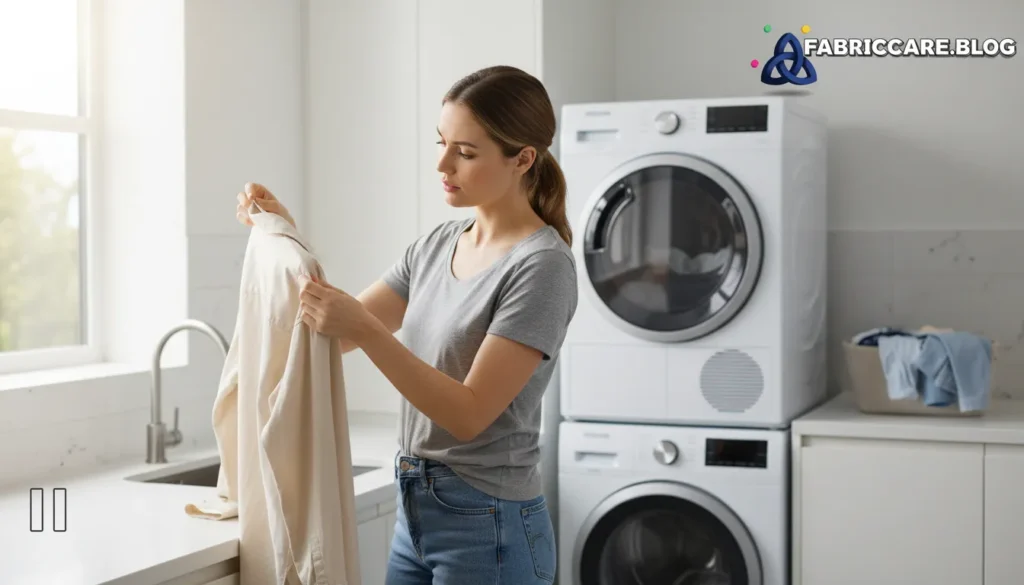 Woman standing in a laundry room holding a light-colored shirt, carefully inspecting the fabric before deciding whether to continue stain treatment.