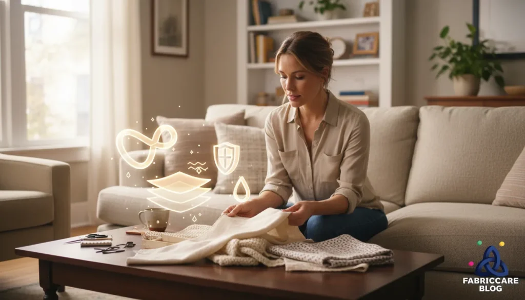 Woman working with fabric pieces on a table, focusing on material handling and textile care.