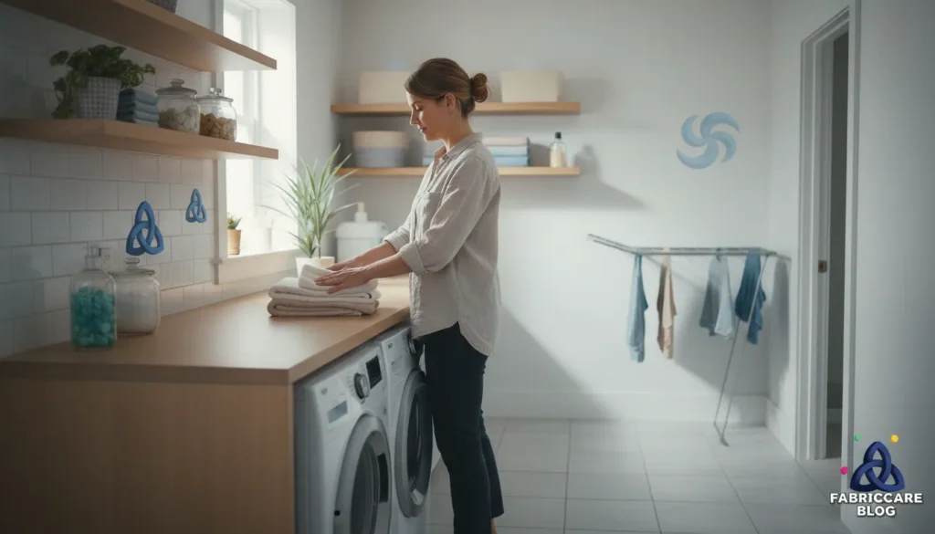 Person loading laundry into a washing machine in a minimal home environment