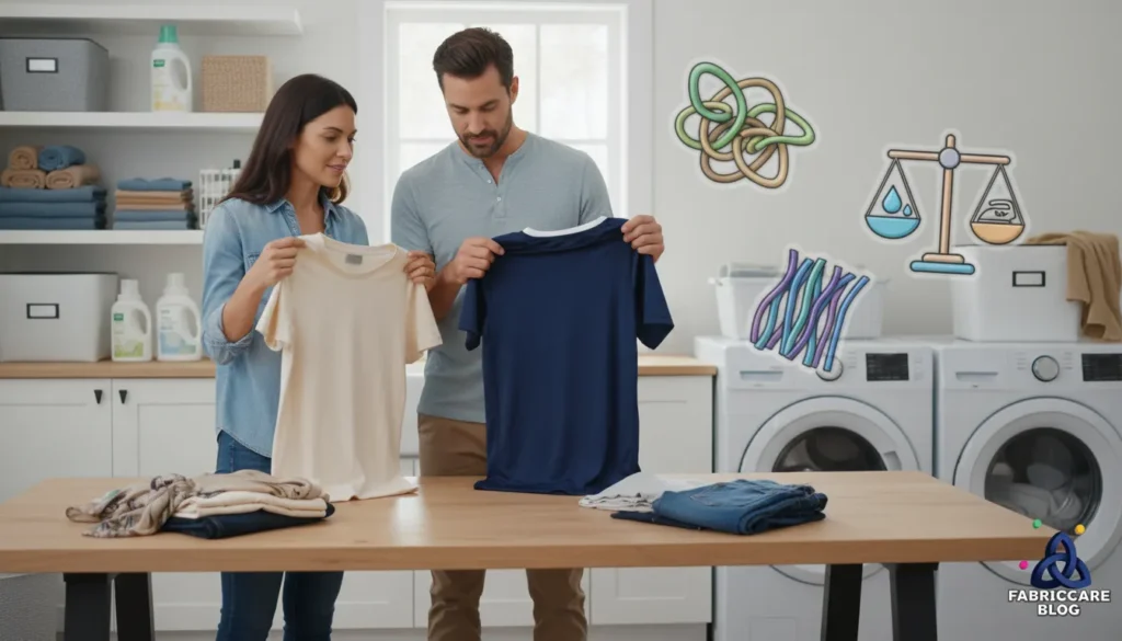 Man and woman comparing natural and synthetic garments on a table in a home laundry room