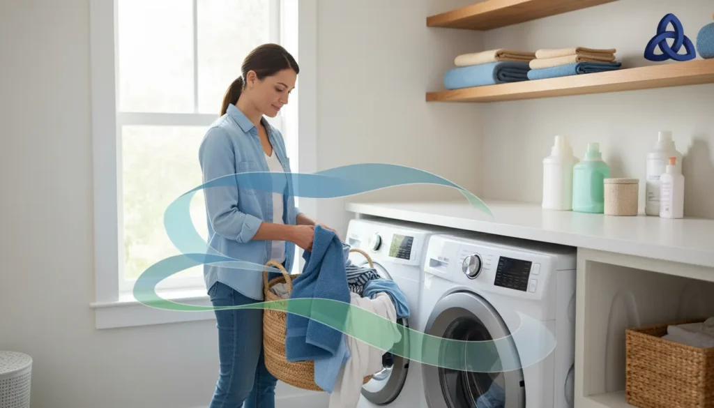 Woman placing clothes into a washing machine in a clean home laundry area