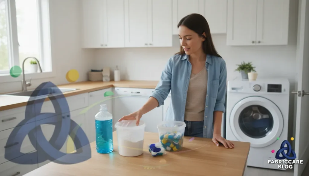 Woman selecting laundry detergent products on a table in a home laundry space