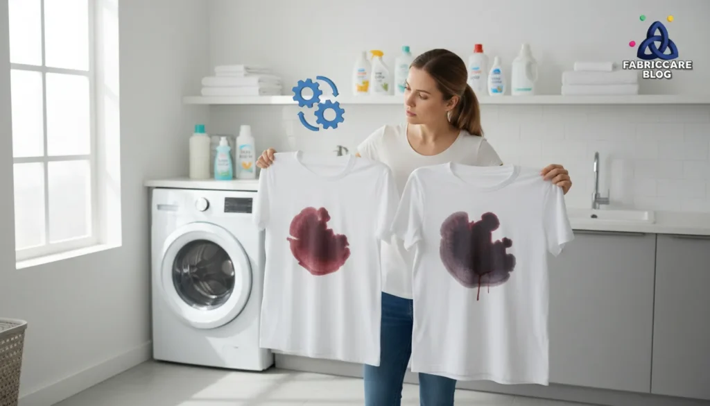 Woman comparing two shirts with visible stains in a laundry room to decide between fresh and set-in stain treatment
