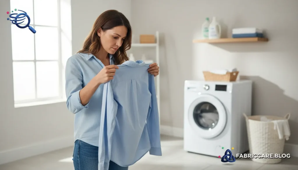 Woman carefully inspecting a blue shirt in a laundry room to determine if a stain is set in