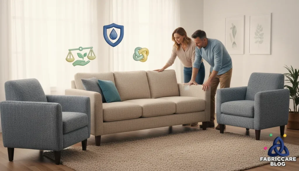 Man and woman inspecting a fabric sofa and chairs in a living room