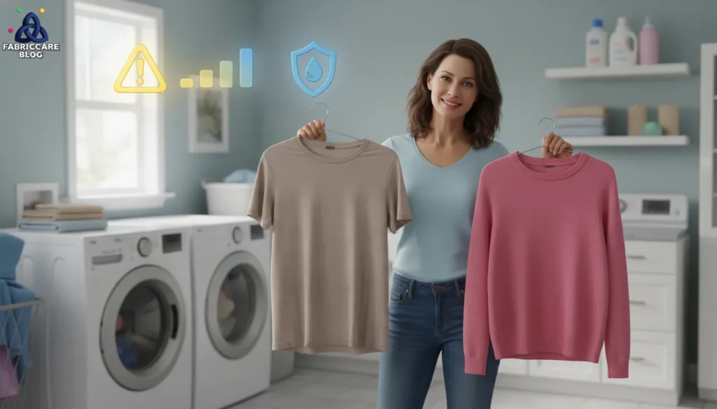 Woman comparing worn and well-preserved fabrics in a home laundry room, illustrating fabric care mistakes that ruin materials.Woman comparing worn and well-preserved fabrics in a home laundry room, illustrating fabric care mistakes that ruin materials.