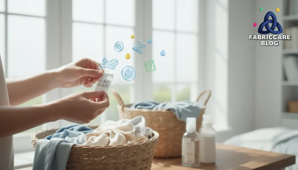 Person examining laundry care label on clothing near a laundry basket