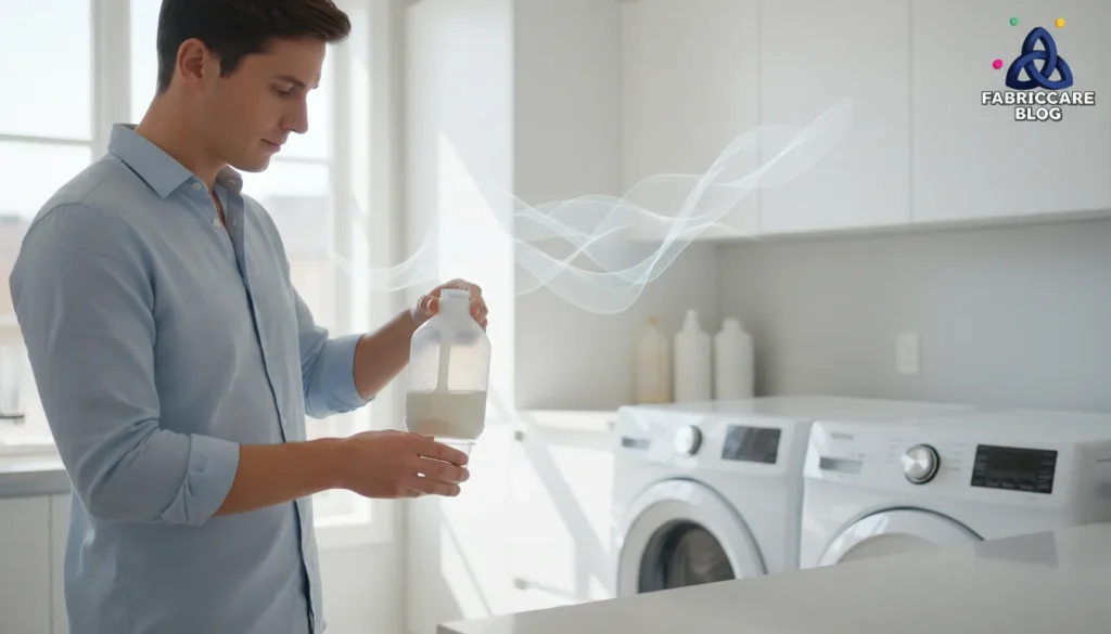 Person measuring liquid laundry detergent near a front-load washing machine