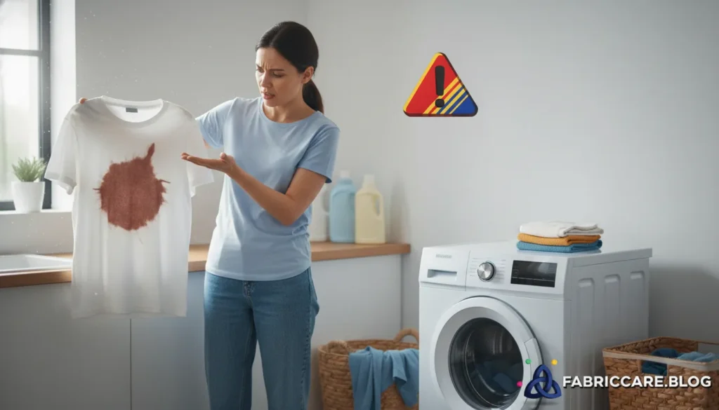 Woman hesitating in a laundry room while holding a stained shirt, showing uncertainty during stain removal