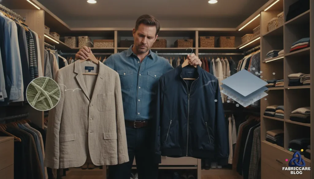 Man comparing different clothing fabrics on hangers, examining materials before care decisions.