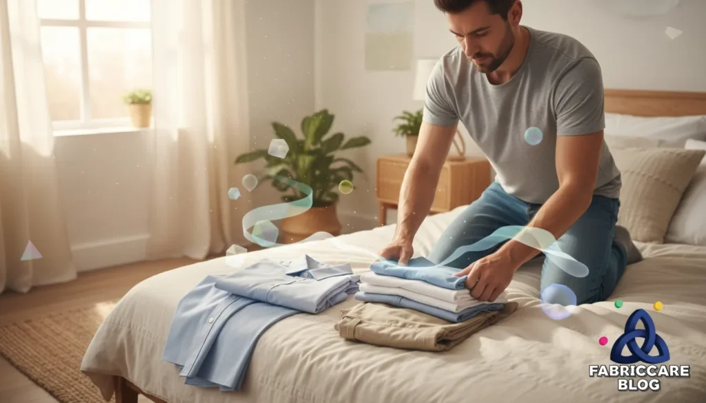 Man folding freshly washed clothes on a bed, organizing fabrics carefully in a bright bedroom