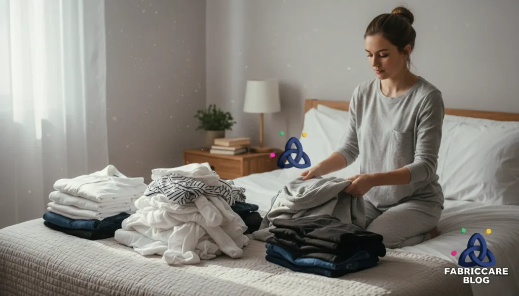 Person sorting mixed clothes on a bed before starting laundry