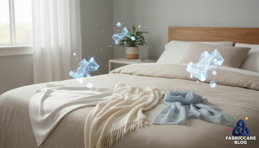 Delicate fabrics laid flat on a bed showing fine texture and softness