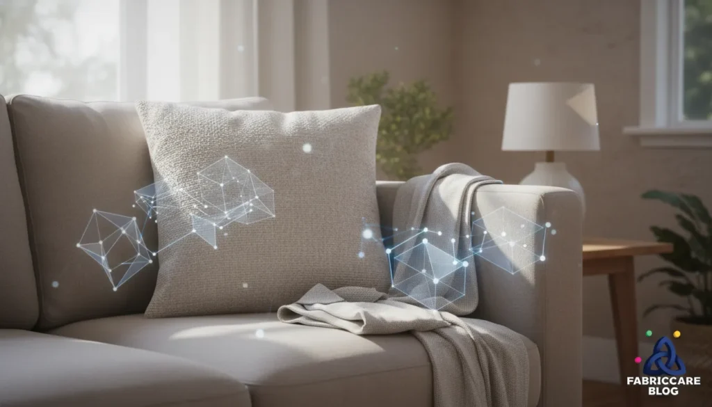 Fabric sofa cushion next to folded upholstery fabric showing texture and thickness