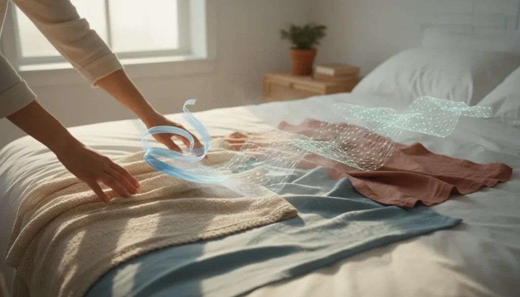 Hands touching cotton and linen fabrics laid on a bed, showing natural texture differences