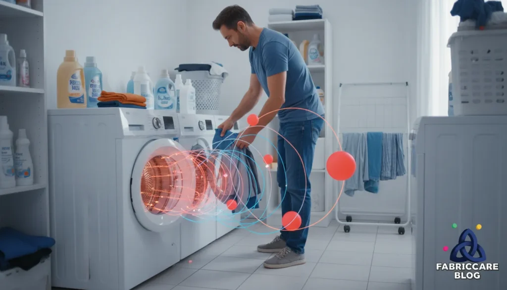 Man loading clothes into a washing machine repeatedly, representing overwashing as a fabric care mistake that ruins materials.