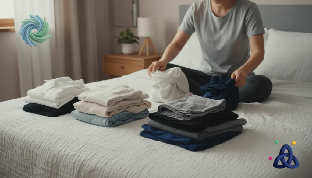 Person folding and organizing clean clothes on a bed at home