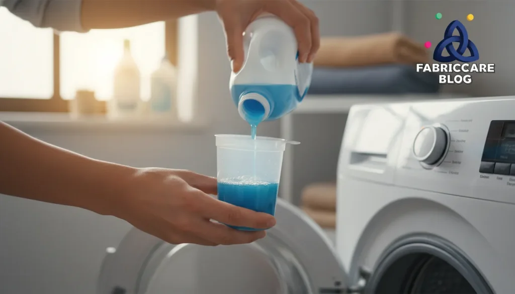 Hands pouring liquid detergent into a measuring cap before washing clothes