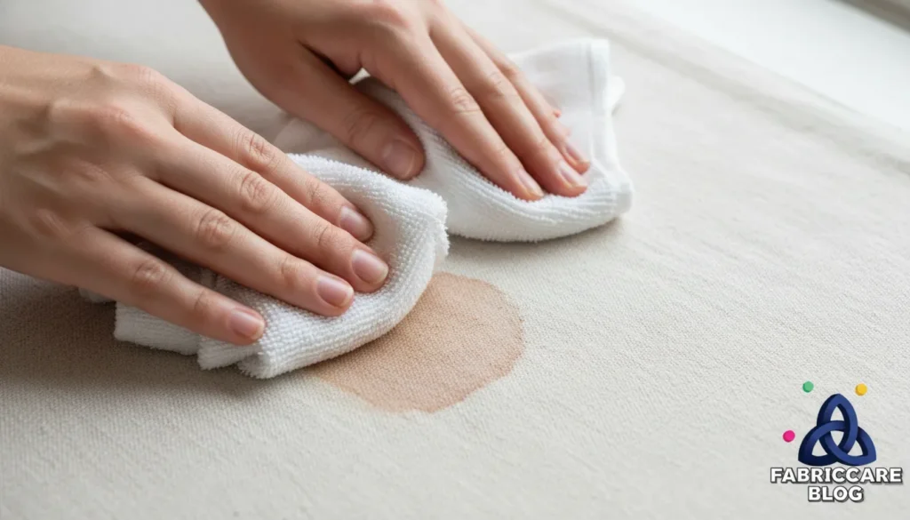 Close-up of hands gently blotting a fresh stain on fabric to prevent it from setting