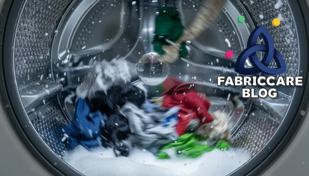 Clothes tumbling inside a washing machine during a wash cycle