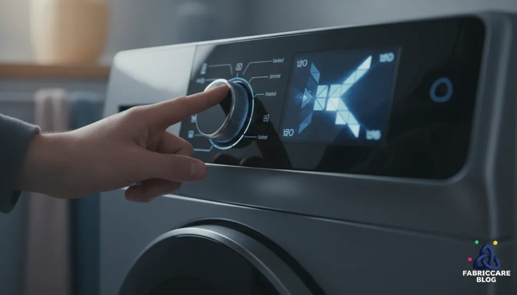 Hand selecting a wash program on a modern washing machine control panel