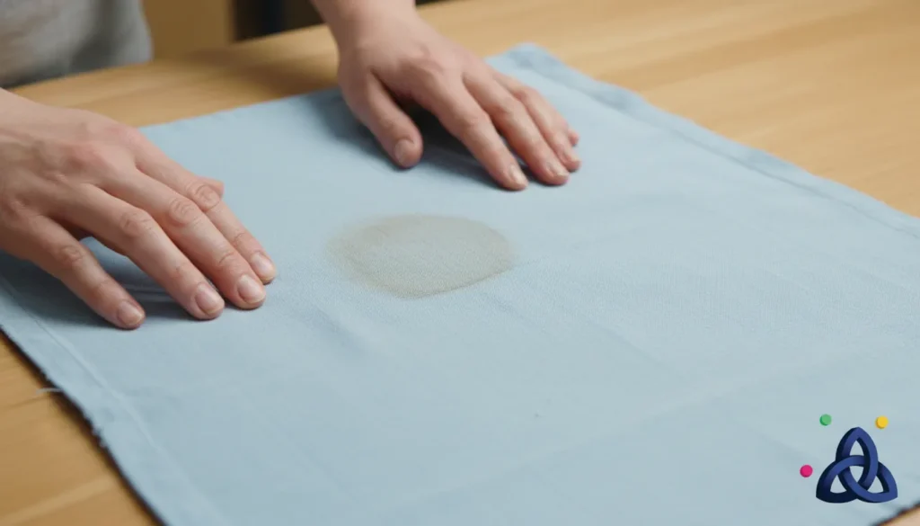 Hands pressing lightly on fabric to check moisture reaction and stain behavior