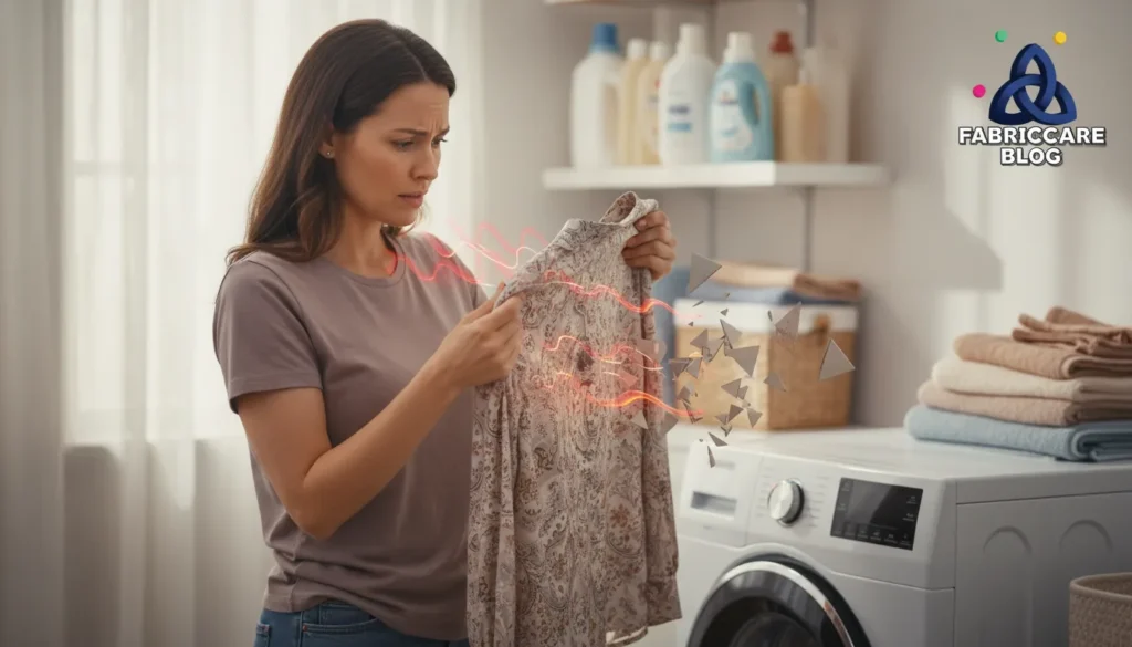 Woman examining a delicate garment near laundry shelves at home