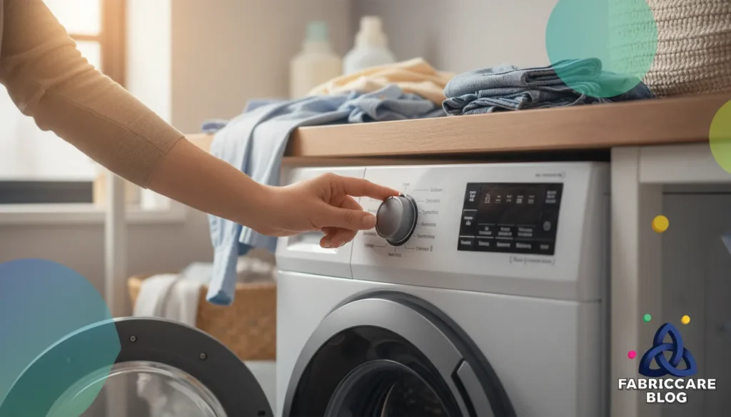 Hand selecting wash temperature on a washing machine control panel