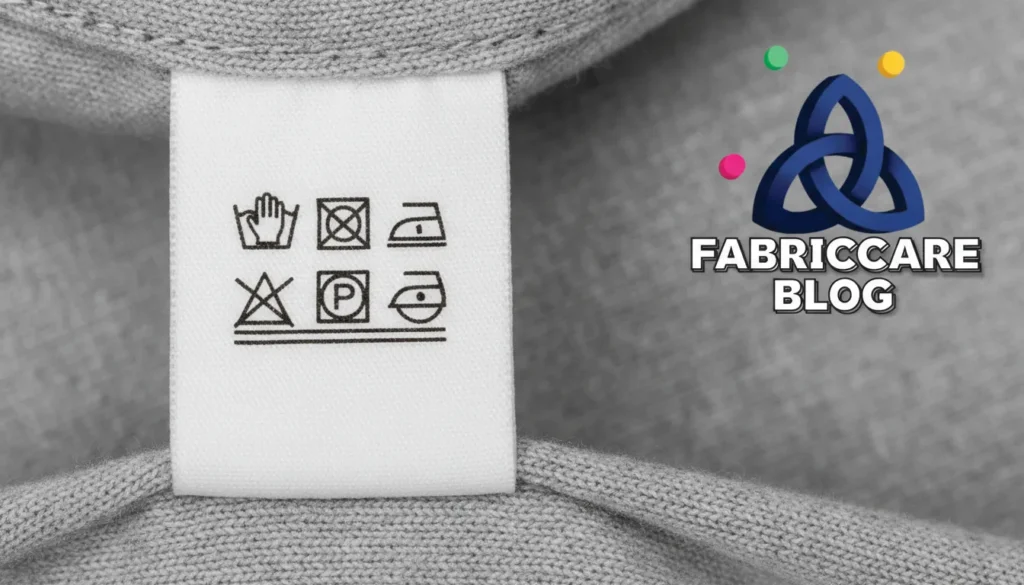 Close-up of laundry care symbols printed on a fabric label