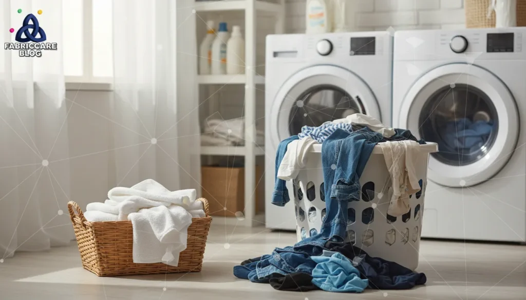 Laundry room with clothes on the floor beside a washing machine before washing