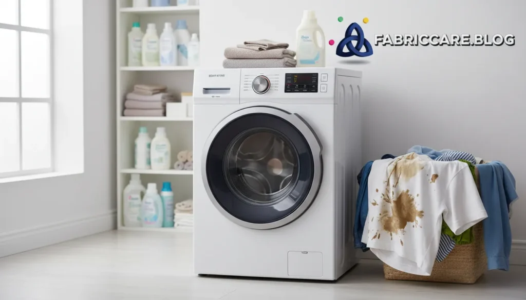 Washing machine prepared for a wash cycle with a stained garment nearby, indicating risk of fixing stains too early