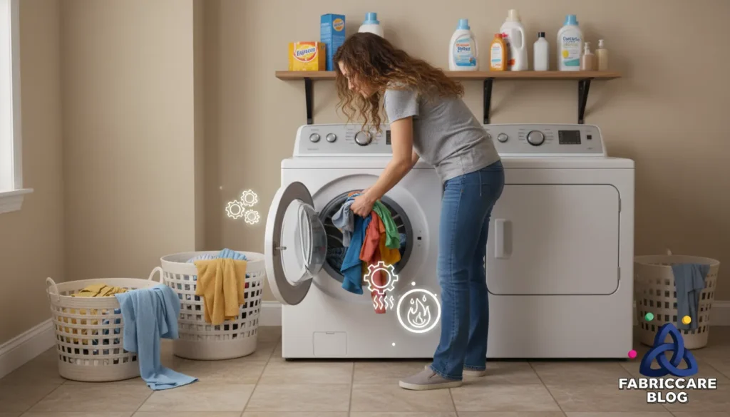 Woman loading clothes into a washing machine, illustrating proper laundry handling for fabric care.