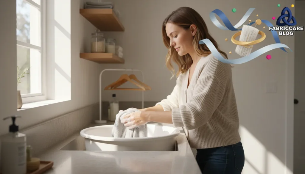 Woman gently hand-washing a delicate garment in a laundry sink at home