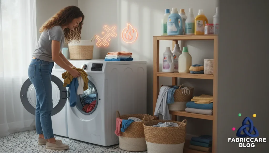 Laundry area with washing machine and storage shelves, showing fabric care during washing routines.
