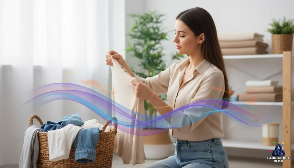 Woman checking fabric while handling clothing before washing at home