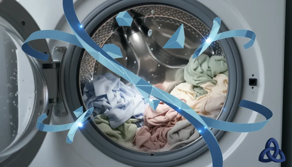 Delicate clothes moving gently inside a washing machine drum