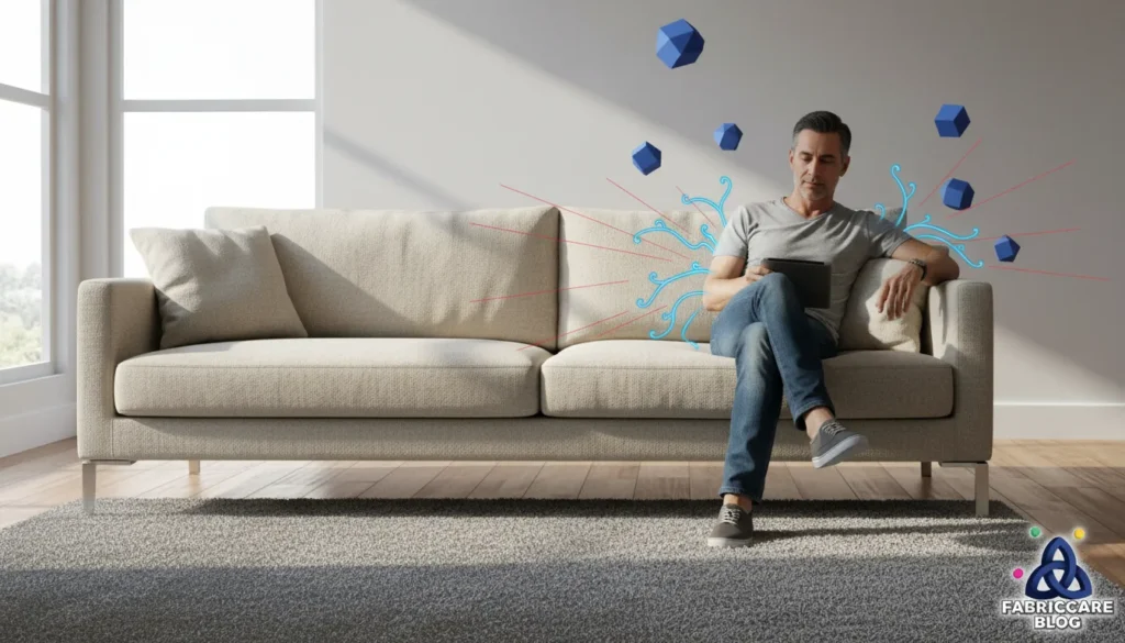 Man sitting on a sofa while another cushion remains unused, showing pressure zones