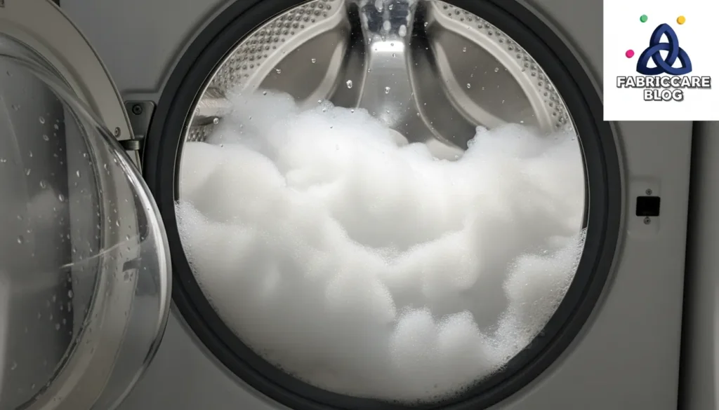 Excess detergent foam visible inside a washing machine drum
