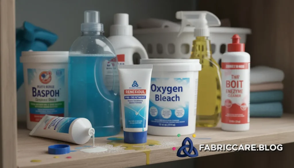 Multiple stain removal products grouped together on a shelf, representing the mistake of mixing cleaning products