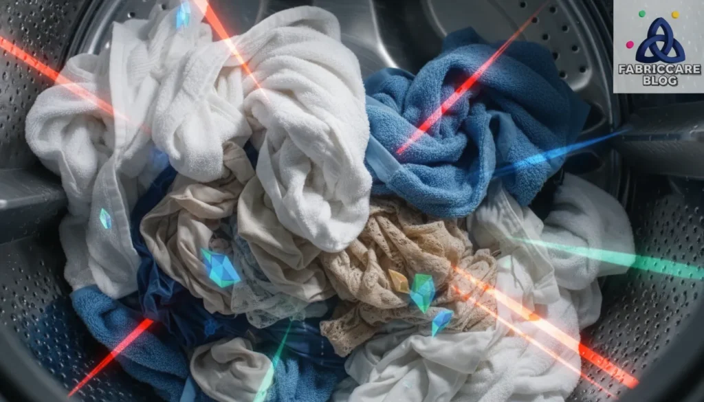 Mixed heavy and delicate fabrics tangled together, illustrating fabric care mistakes that ruin materials during washing.