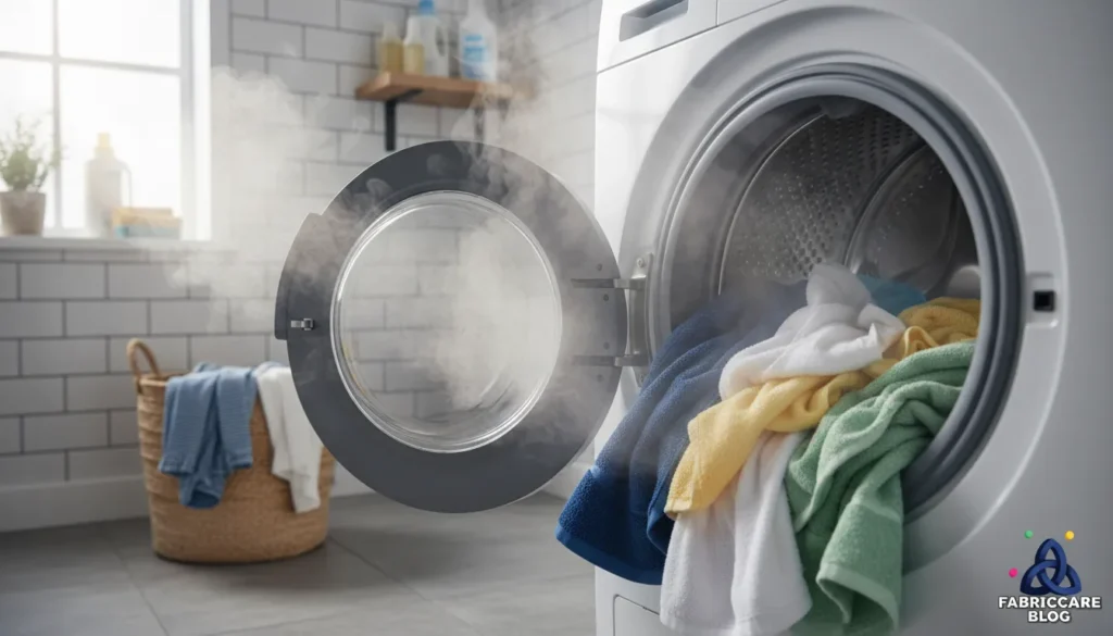 Washing machine door open with clothes inside during washing