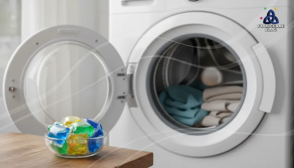 Washing machine door open with detergent placed nearby before washing