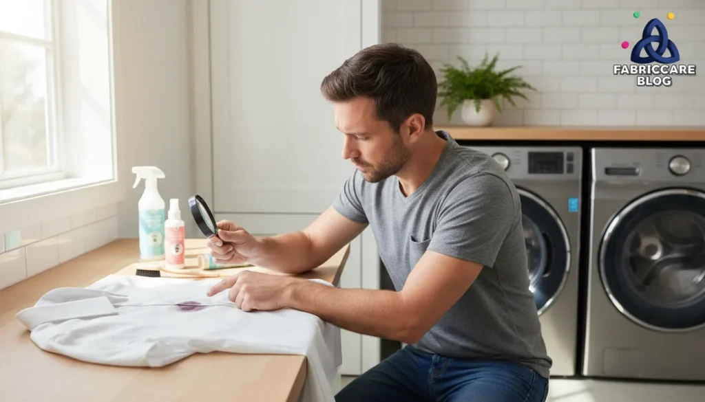 Man checking a clothing care label before choosing a stain removal method
