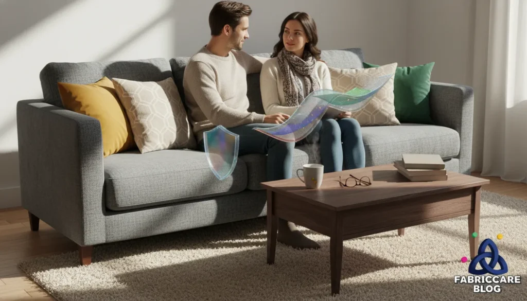 Man and woman sitting on a fabric sofa, highlighting upholstery texture and home textile care.