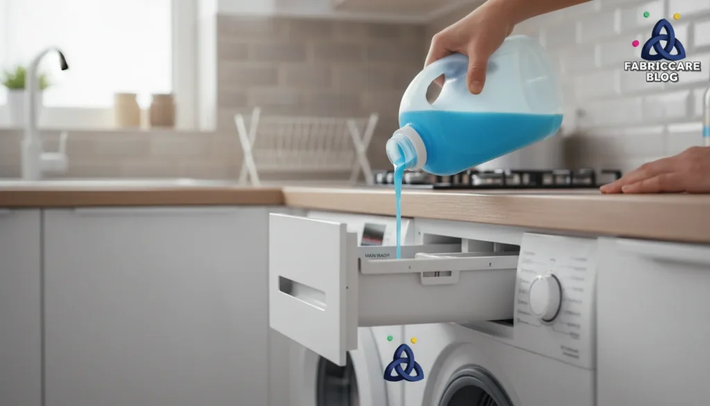 Hand pouring liquid detergent into a washing machine detergent drawer