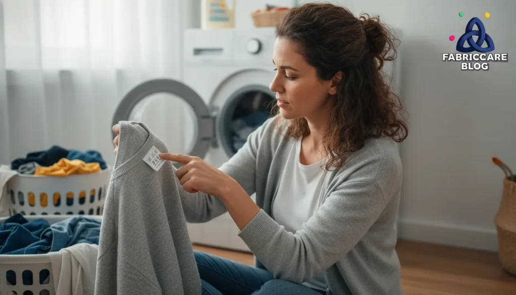 Woman checking clothing care label before choosing washing method
